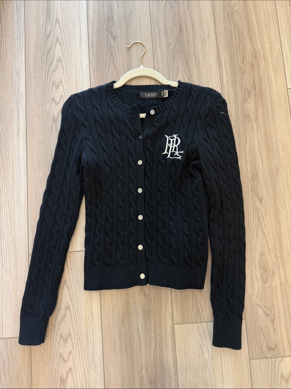 Ralph Lauren Black Cable-Knit Crewneck Cardigan with RL Monogram